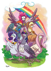 Size: 650x900 | Tagged: safe, artist:yulyeen, derpibooru import, applejack, fluttershy, pinkie pie, rainbow dash, rarity, twilight sparkle, twilight sparkle (alicorn), alicorn, pigeon, big crown thingy, birdified, crossed arms, element of generosity, element of honesty, element of kindness, element of laughter, element of loyalty, element of magic, elements of harmony, looking at you, mane six, meme, my little x, species swap, spread wings, thanks m.a. larson, unamused, wide eyes, wings