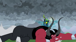 Size: 1366x768 | Tagged: safe, screencap, lord tirek, queen chrysalis, centaur, changeling, changeling queen, the ending of the end, angry, bell, bracer, chipped tooth, cloud, cloudy, cloven hooves, colored hooves, dark clouds, grogar's bell, injured, knock out, male, nose piercing, nose ring, piercing, teeth, tooth