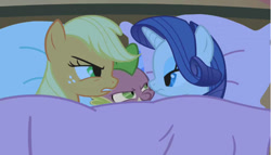 Size: 691x394 | Tagged: safe, edit, edited screencap, screencap, applejack, rarity, spike, dragon, earth pony, pony, unicorn, look before you sleep, applespike, bed, bisexual, female, lesbian, lesbian in front of boys, lucky bastard, male, shipping, sparijack, sparity, spike gets all the mares, straight