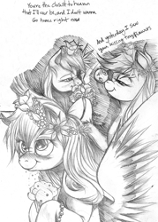 Size: 670x934 | Tagged: safe, artist:derp-my-life, derpy hooves, pegasus, pony, bedroom eyes, blushing, bracelet, bubble, crumbs, daisy (flower), eating, female, floral head wreath, flowerchild, goo goo dolls, hippie, iris (flower), led zeppelin, lyrics, mare, monochrome, muffin, nose wrinkle, pearl, puffy cheeks, raised hoof, rose, sketch dump, smelling, solo, song reference, that's the way, traditional art