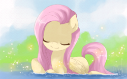 Size: 800x500 | Tagged: dead source, safe, artist:loyaldis, fluttershy, pegasus, pony, eyes closed, female, smiling, solo, water, wet mane