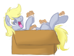 Size: 725x556 | Tagged: safe, artist:tenchi-outsuno, derpy hooves, pegasus, pony, box, female, mare, muffin, solo