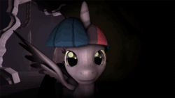 Size: 480x270 | Tagged: safe, derpibooru import, twilight sparkle, twilight sparkle (alicorn), alicorn, pony, 3d, animated, female, gif, grin, jump scare, jumpscare, looking at you, mare, nightmare fuel, scary, smiling, solo, source filmmaker, spread wings, twilight snapple, wide eyes