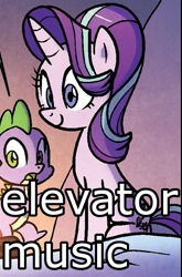 Size: 399x606 | Tagged: safe, edit, idw, spike, starlight glimmer, dragon, pony, unicorn, spoiler:comic56, cropped, cute, descriptive noise, elevator music, face of mercy, female, glimmerbetes, image macro, male, mare, meme, open mouth, sitting, smiling