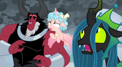 Size: 1366x762 | Tagged: safe, screencap, cozy glow, lord tirek, queen chrysalis, alicorn, changeling, changeling queen, the ending of the end, alicornified, bracer, cozycorn, flying, nose piercing, nose ring, oh crap, piercing, race swap, scared, speechless, surprised, uh oh, ultimate chrysalis