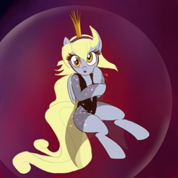 Size: 600x600 | Tagged: safe, artist:raikoh, derpy hooves, pegasus, pony, crossover, crown, damsel in distress, dragon's lair, female, glitter, leotard, mare, princess daphne, princess derpy, see-through, solo