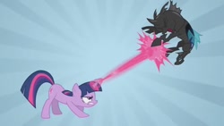 Size: 853x480 | Tagged: safe, derpibooru import, screencap, twilight sparkle, changeling, a canterlot wedding, beam, blast, duo, fight, magic, magic blast, sunburst background