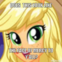 Size: 510x510 | Tagged: safe, applejack, equestria girls, clothes, face of mercy, female, image macro