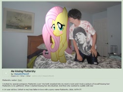 Size: 920x690 | Tagged: safe, artist:metalgriffen69, fluttershy, human, bed, blushing, brony, deviantart, eminem, female, irl, irl human, kissing, male, photo, photoshop, seems legit, straight, text, wat, why, why sid why, wtf