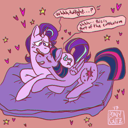 Size: 540x540 | Tagged: safe, artist:ponygutz, starlight glimmer, twilight sparkle, twilight sparkle (alicorn), alicorn, pony, unicorn, chromatic aberration, cushion, dialogue, female, lesbian, shipping, twistarlight