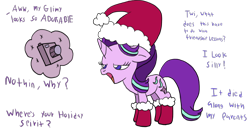 Size: 1600x817 | Tagged: safe, artist:projectfirelights, starlight glimmer, pony, unicorn, camera, christmas, clothes, dialogue, hat, holiday, santa hat, simple background, socks, white background