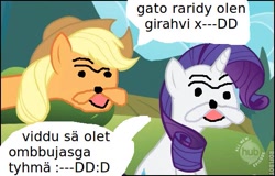 Size: 551x352 | Tagged: safe, applejack, rarity, earth pony, pony, unicorn, finnish, hub logo, spurdo spärde