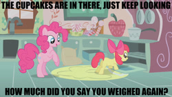 Size: 1280x720 | Tagged: safe, edit, edited screencap, screencap, apple bloom, pinkie pie, earth pony, pony, fanfic:cupcakes, caption, female, filly, image macro, mare, out of context, text