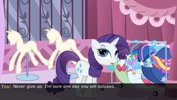 Size: 960x540 | Tagged: safe, screencap, rarity, pony, unicorn, demo, derp, game, pony amnesia, solo, visual novel, wat