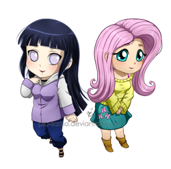 Size: 800x786 | Tagged: safe, artist:pia-sama, fluttershy, human, anime, chibi, clothes, crossover, duo, humanized, hyuuga hinata, naruto, sweater, sweatershy