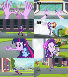 Size: 1280x1440 | Tagged: safe, screencap, apple bloom, bon bon, lyra heartstrings, scootaloo, spike, starlight glimmer, sunset shimmer, sweetie belle, sweetie drops, twilight sparkle, dog, equestria girls, equestria girls (movie), mirror magic, spoiler:eqg specials, comparison, cutie mark crusaders, discovery family logo, hand, humans doing horse things, spike the dog