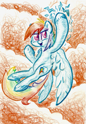 Size: 625x898 | Tagged: safe, artist:shoeunit, derpibooru import, rainbow dash, pegasus, pony, colored pencil drawing, female, flying, mare, solo, traditional art