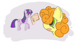 Size: 640x371 | Tagged: safe, artist:ponypharmacist, derpibooru import, carrot top, golden harvest, twilight sparkle, book, fanfic art, the purloined pony