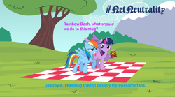 Size: 1280x714 | Tagged: safe, derpibooru exclusive, derpibooru import, rainbow dash, twilight sparkle, twilight sparkle (alicorn), alicorn, pegasus, pony, ajit pai, ajit pai's mug, dialogue, net neutrality, net neutrality drama, obligatory pony, picnic mat, reese's mug