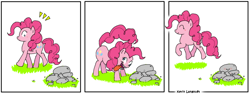 Size: 800x300 | Tagged: safe, artist:foudubulbe, pinkie pie, pony, comic, cute, diapinkes, funny face, pinkie being pinkie, rock, silly, silly pony, smiling, solo, wholesome