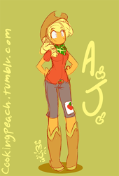 Size: 408x600 | Tagged: safe, artist:miu, applejack, anthro, ambiguous facial structure, applejack's hat, clothes, cowboy hat, female, hat, no nose, simple background, smiling, solo