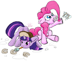 Size: 1480x1246 | Tagged: safe, artist:bufbaf, derpibooru import, pinkie pie, twilight sparkle, earth pony, pony, unicorn, duo, female, mare, sherlock holmes