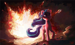 Size: 1500x900 | Tagged: safe, artist:nemo2d, queen chrysalis, starlight glimmer, changeling, changeling queen, pony, unicorn, the ending of the end, badass, cool guys don't look at explosions, digital art, explosion, female, mare, scene interpretation, solo, walking away from explosion