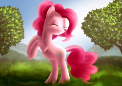 Size: 2538x1780 | Tagged: safe, artist:daedric-pony, pinkie pie, earth pony, pony, eyes closed, rearing, solo, tree