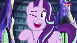 Size: 1280x720 | Tagged: safe, screencap, starlight glimmer, pony, equestria girls, mirror magic, spoiler:eqg specials, :d, ;d, cute, glimmerbetes, happy, one eye closed, raised hoof, smiling, teletoon, wink