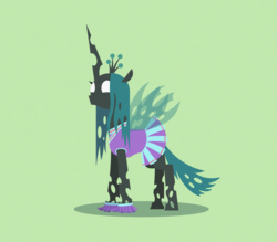Size: 2417x2118 | Tagged: safe, artist:gd_inuk, ocellus, queen chrysalis, changedling, changeling, changeling queen, 2 4 6 greaaat, what lies beneath, blank eyes, cheerleader chrysalis, cheerleader ocellus, cheerleader outfit, clothes, cute, cutealis, diaocelles, disguise, disguised changeling, empty eyes, female, green background, happy, lineless, no mouth, no pupils, pleated skirt, pom pom, simple background, skirt, solo, stylized