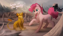 Size: 1172x682 | Tagged: safe, artist:iexploded, pinkie pie, earth pony, pony, crossover, simba, the lion king