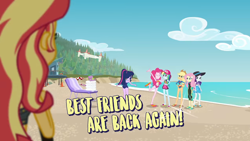 Size: 1274x720 | Tagged: safe, derpibooru import, screencap, applejack, fluttershy, pinkie pie, rainbow dash, rarity, sci-twi, spike, spike the regular dog, sunset shimmer, twilight sparkle, dog, better together, equestria girls, forgotten friendship, beach, clothes, diving suit, drone, feet, geode of fauna, geode of shielding, geode of super speed, geode of super strength, magical geodes, ocean, ponytail, sandals, sky, summer sunset, swimsuit, wetsuit