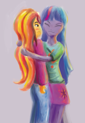 Size: 495x717 | Tagged: safe, artist:trixsun, sunset shimmer, twilight sparkle, equestria girls, female, hug, humanized, lesbian, shipping, sunsetsparkle