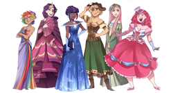 Size: 2200x1175 | Tagged: safe, artist:katarinacipcic, derpibooru import, applejack, fluttershy, pinkie pie, rainbow dash, rarity, twilight sparkle, human, alternate hairstyle, book, clothes, crossed arms, dark skin, diversity, dress, gala dress, hands together, humanized, mane six, open mouth, simple background, smiling, white background