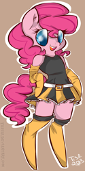 Size: 1000x2000 | Tagged: safe, artist:tesuai, pinkie pie, pony, bipedal, clothes, eye clipping through hair, skirt, solo, zettai ryouiki