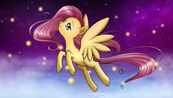 Size: 1366x768 | Tagged: safe, artist:princesssilverglow, fluttershy, pegasus, pony, flying, night, solo