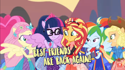 Size: 1366x768 | Tagged: safe, derpibooru import, screencap, applejack, fluttershy, pinkie pie, rainbow dash, rarity, sci-twi, sunset shimmer, twilight sparkle, twilight sparkle (alicorn), alicorn, better together, equestria girls, forgotten friendship, happy, holding hands, humane five, humane seven, humane six, looking at each other, mane six, ponied up, scitwilicorn, shipping fuel, smiling