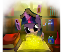 Size: 1200x1000 | Tagged: safe, artist:hoyeechun, derpibooru import, twilight sparkle, twilight sparkle (alicorn), alicorn, pony, book, book hat, female, magic, magic circle, mare, potion, preening, solo, telekinesis, test tube, wing noms