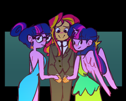 Size: 1280x1021 | Tagged: safe, artist:stevetwisp, sci-twi, sunset shimmer, twilight sparkle, twilight sparkle (alicorn), alicorn, equestria girls, crossdressing, female, lesbian, ponied up, scitwishimmer, shipping, sunset twiangle, sunsetsparkle, twolight