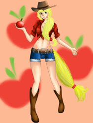 Size: 1036x1370 | Tagged: safe, artist:miniyume, applejack, belly button, humanized, solo