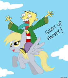 Size: 1400x1600 | Tagged: safe, artist:personman718, derpy hooves, pegasus, pony, crossover, ed, ed edd n eddy, female, flying, humans riding ponies, mare, open mouth, screaming, tongue out, wide eyes