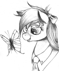 Size: 600x732 | Tagged: safe, artist:derp-my-life, derpy hooves, butterfly, pegasus, pony, alternate hairstyle, blushing, bow, bust, clothes, cute, derp, derpabetes, female, happy, mare, monochrome, necktie, nose wrinkle, shirt, solo, traditional art