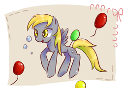 Size: 922x659 | Tagged: safe, artist:kemonomo, derpy hooves, pegasus, pony, balloon, bubble, female, flying, mare, open mouth, pixiv, smiling, solo