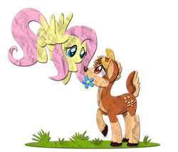 Size: 965x827 | Tagged: safe, artist:ieatedaunicorn, fluttershy, oc, oc:willowtree, deer, pegasus, pony, canon x oc, flower, flying, simple background, transparent background