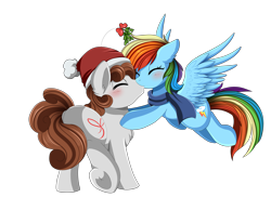 Size: 3509x2550 | Tagged: safe, artist:pridark, derpibooru import, rainbow dash, oc, oc:dreamer, earth pony, pegasus, pony, canon x oc, christmas, clothes, commission, eyes closed, female, flying, frog (hoof), hat, holiday, kissing, male, mare, mistletoe, rainmer, santa hat, scarf, simple background, straight, transparent background, underhoof