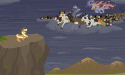 Size: 801x481 | Tagged: safe, artist:auraion, applejack, cow, earth pony, pony, cloven hooves, cowboy hat, female, ghost riders in the sky, hat, johnny cash, mare, song reference