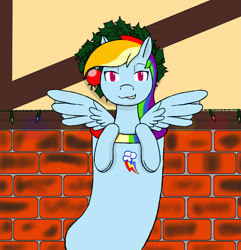 Size: 1639x1703 | Tagged: safe, alternate version, artist:wyntermoon, derpibooru import, rainbow dash, pegasus, pony, christmas, christmas lights, christmas stocking, christmas wreath, cutie mark, female, fireplace, grin, holiday, lidded eyes, looking at you, mare, smiling, solo, spread wings, wings, wreath