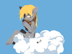 Size: 1024x768 | Tagged: safe, artist:tsuyukomiharu, derpy hooves, pegasus, pony, cloud, eating, female, hourglass, mare, muffin, pixiv, simple background, solo