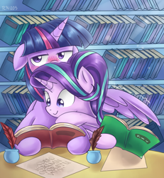 Size: 1560x1690 | Tagged: safe, artist:tcn1205, starlight glimmer, twilight sparkle, twilight sparkle (alicorn), alicorn, pony, blushing, book, bookshelf, female, floppy ears, hover hand, inconvenient starlight, lesbian, shipping, sniffing, twistarlight