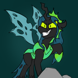 Size: 800x800 | Tagged: safe, artist:antimationyt, queen chrysalis, changeling, changeling queen, the ending of the end, crown, evil grin, green background, grin, jewelry, regalia, simple background, smiling, solo, ultimate chrysalis